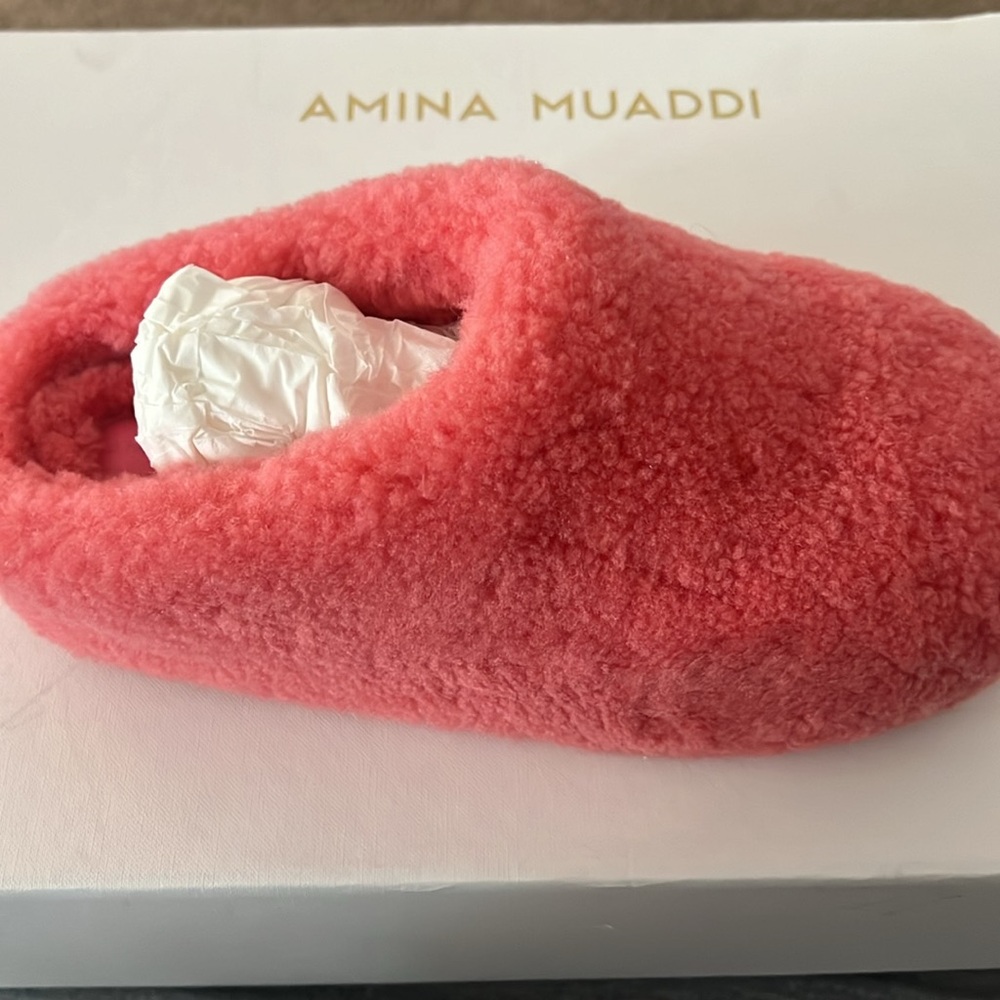 Amina Muaddi Guily pink shearling platform mules